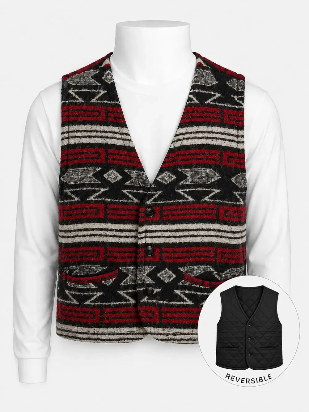 Reversible Wool Aztec Western Vest Quilted Lined Southwestern Ranch Large